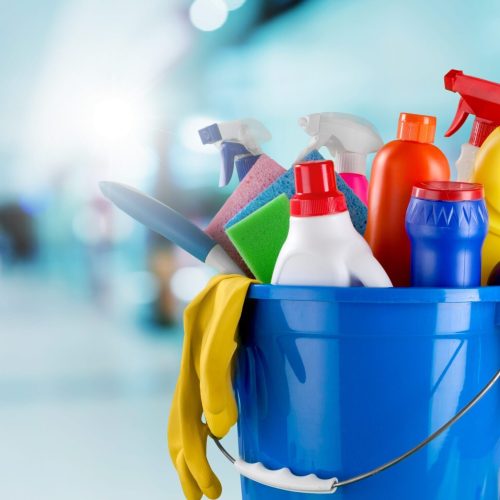 Cleaning lady with cleaning products on blurred background.